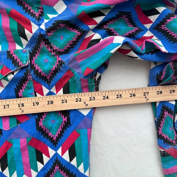 Vintage Wrangler Shirt Mens L 16.5/34 Blue Western Aztec Brushpopper Cowboy - Picture 4 of 7